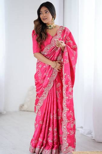 Pink satin embroidered saree with thread work