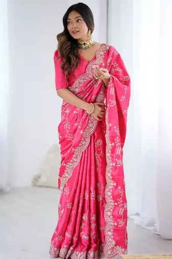 Pink satin embroidered saree with thread work