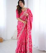 Pink satin embroidered saree with thread work