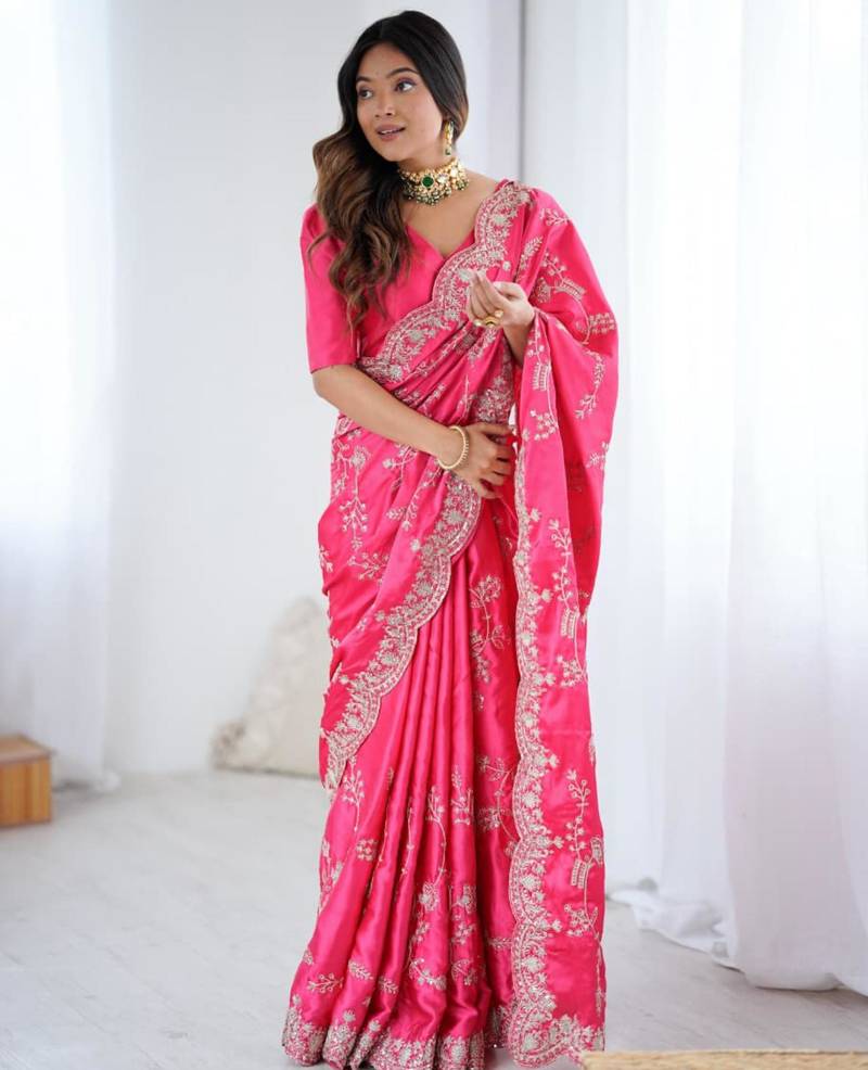 Pink satin embroidered saree with thread work