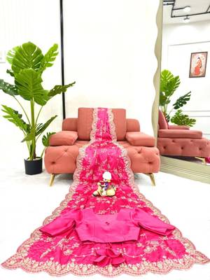 Pink satin embroidered saree with thread work 2