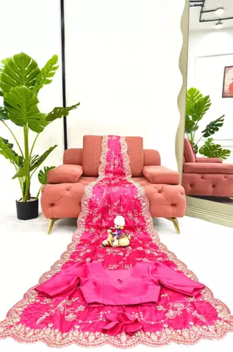 Pink satin embroidered saree with thread work