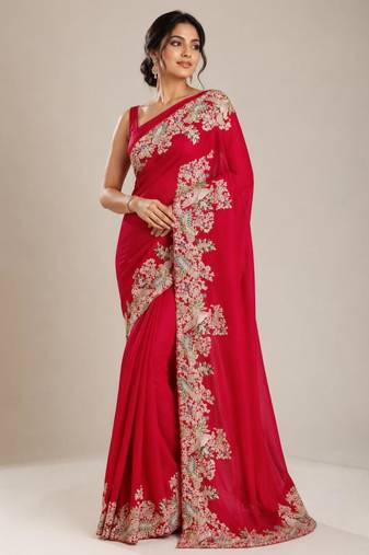 Red silk blend embroidered saree with sequins work