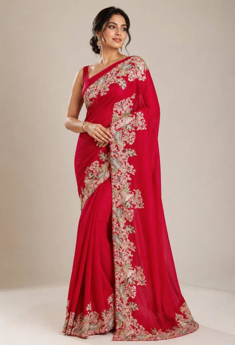 Red silk blend embroidered saree with sequins work