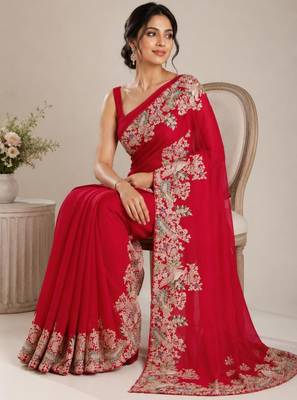Red silk blend embroidered saree with sequins work 2