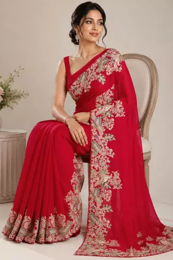 Red silk blend embroidered saree with sequins work