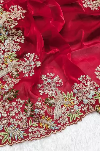 Red silk blend embroidered saree with sequins work