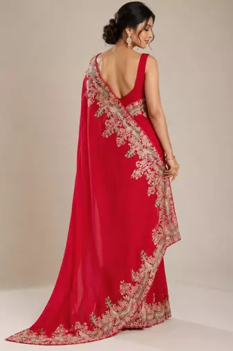 Red silk blend embroidered saree with sequins work