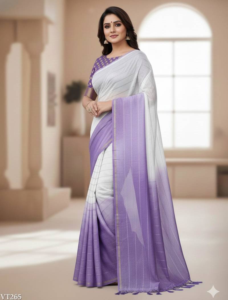 Purple silk blend printed saree with dots print
