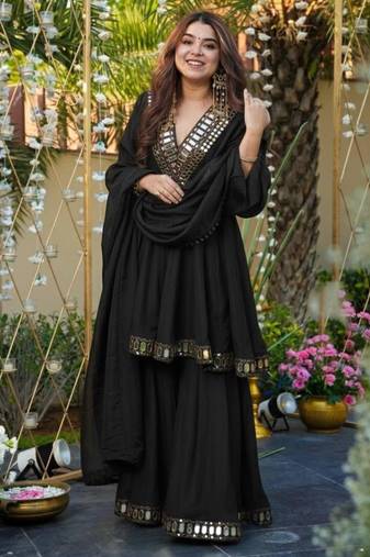Designer black chinnon sharara suit set with mirror embroidery for women