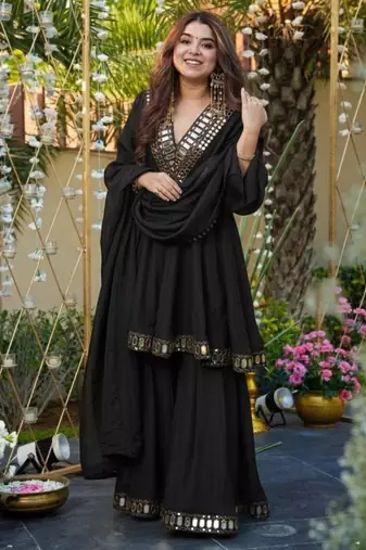 Designer black chinnon sharara suit set with mirror embroidery for women