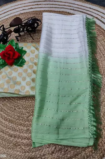 Green silk blend printed saree with dots print