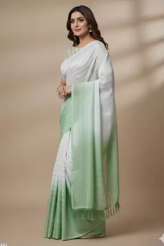 Green silk blend printed saree with dots print