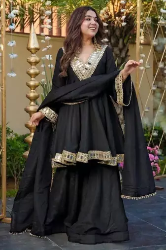 black chinnon sharara suit set with mirror embroidery