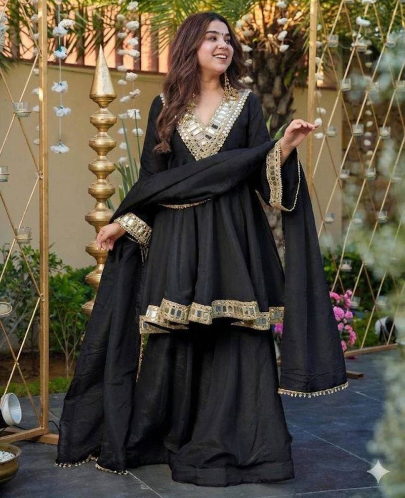 Designer black chinnon sharara suit set with mirror embroidery for women