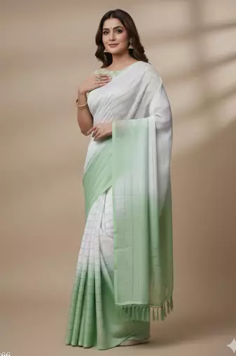 Green silk blend printed saree with dots print