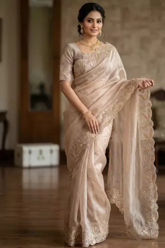 Beige silk blend embroidered saree with thread work