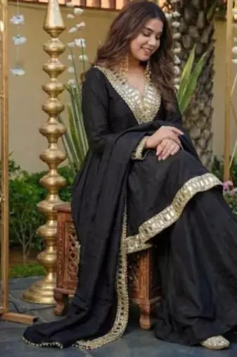 black chinnon sharara suit set with mirror embroidery
