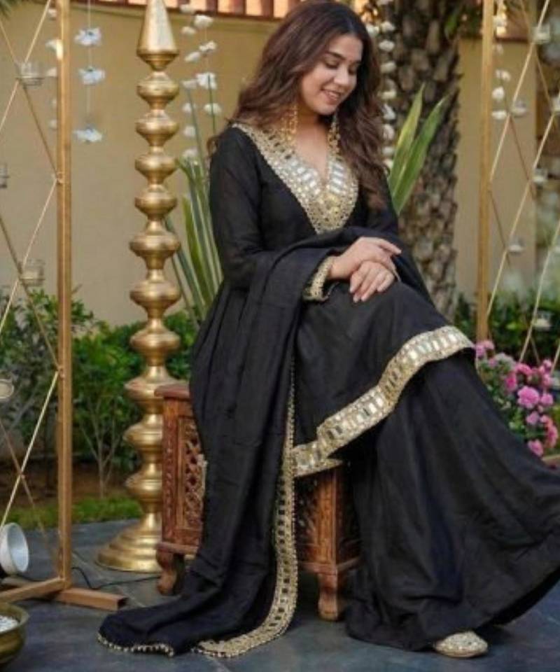 Designer black chinnon sharara suit set with mirror embroidery for women
