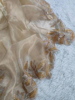 Beige silk blend embroidered saree with thread work 2