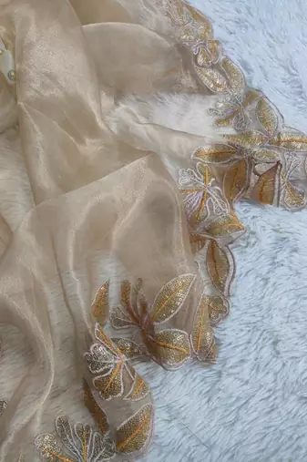 Beige silk blend embroidered saree with thread work
