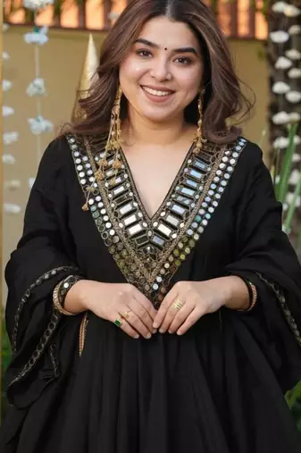 black chinnon sharara suit set with mirror embroidery