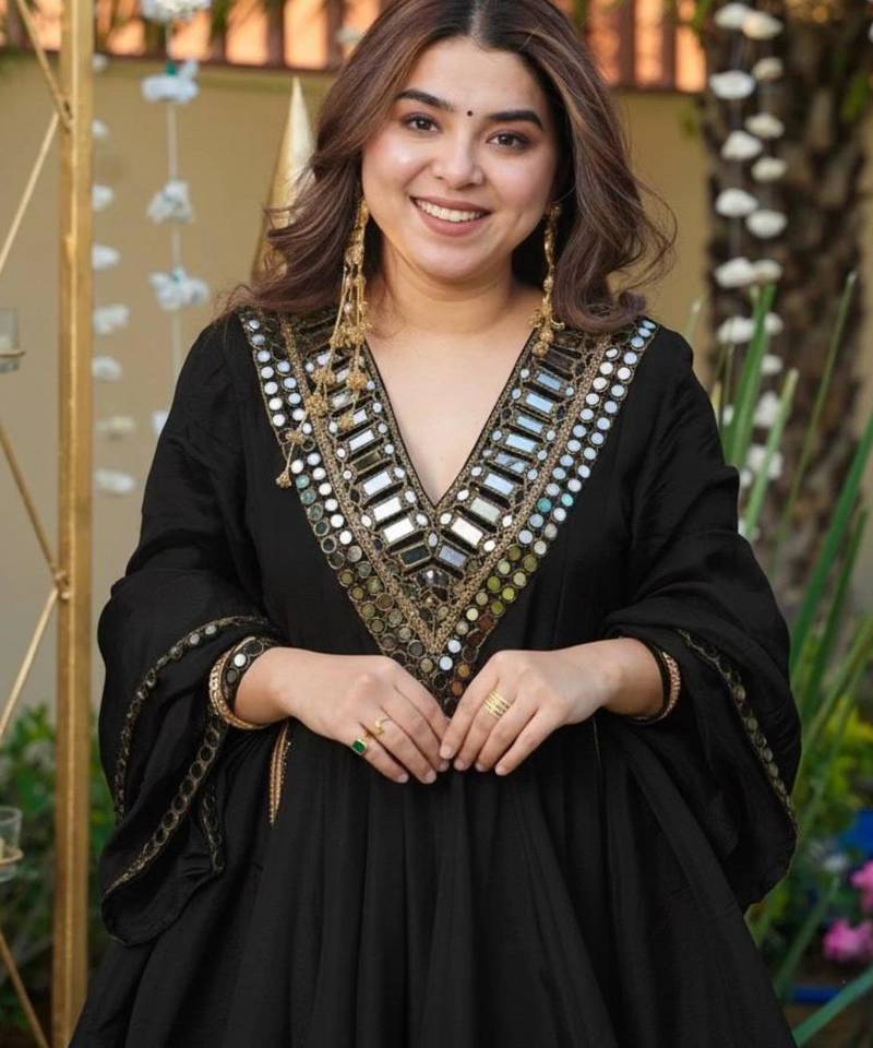 Designer black chinnon sharara suit set with mirror embroidery for women