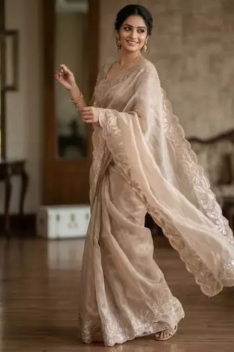Beige silk blend embroidered saree with thread work
