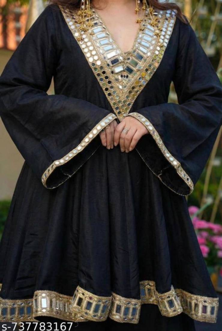 Designer black chinnon sharara suit set with mirror embroidery for women