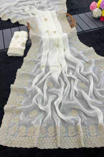 White satin embroidered saree with sequins work
