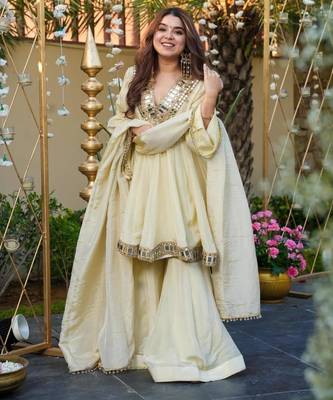 cream chinnon sharara suit set with heavy mirror work 1