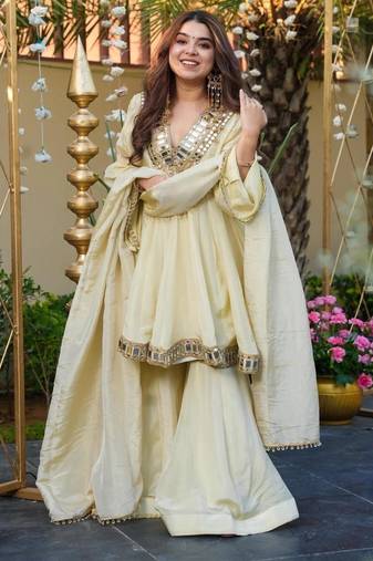 Designer cream chinnon sharara suit set with heavy mirror work for women