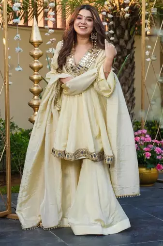 Designer cream chinnon sharara suit set with heavy mirror work for women