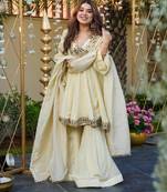Designer cream chinnon sharara suit set with heavy mirror work for women