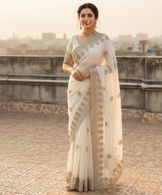 White satin embroidered saree with sequins work 2
