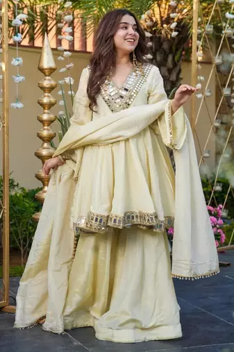 cream chinnon sharara suit set with heavy mirror work