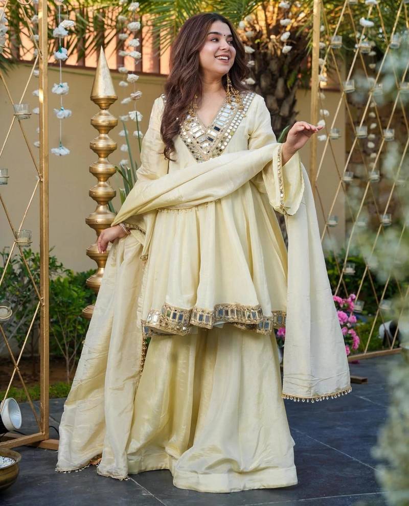 Designer cream chinnon sharara suit set with heavy mirror work for women