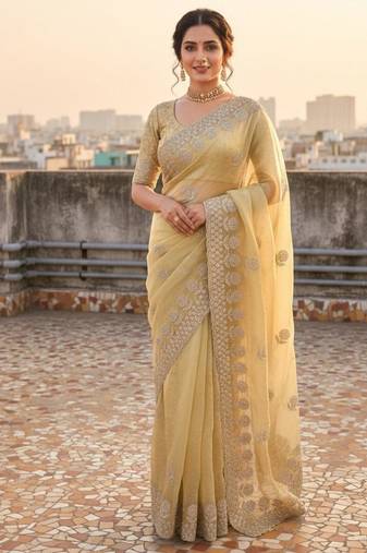 Yellow satin embroidered saree with sequins work