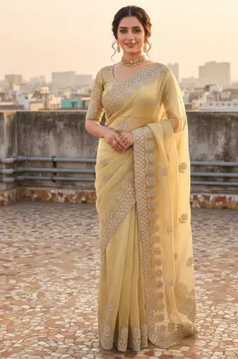 Yellow satin embroidered saree with sequins work
