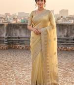 Yellow satin embroidered saree with sequins work
