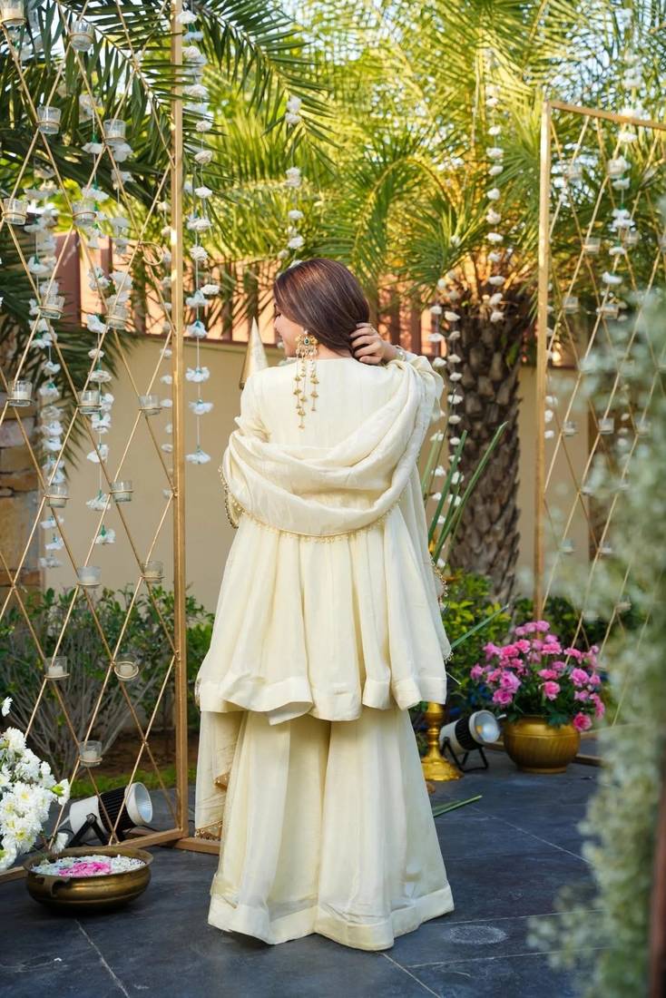 Designer cream chinnon sharara suit set with heavy mirror work for women