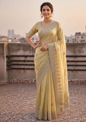 Yellow satin embroidered saree with sequins work 3