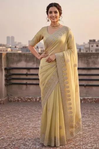 Yellow satin embroidered saree with sequins work
