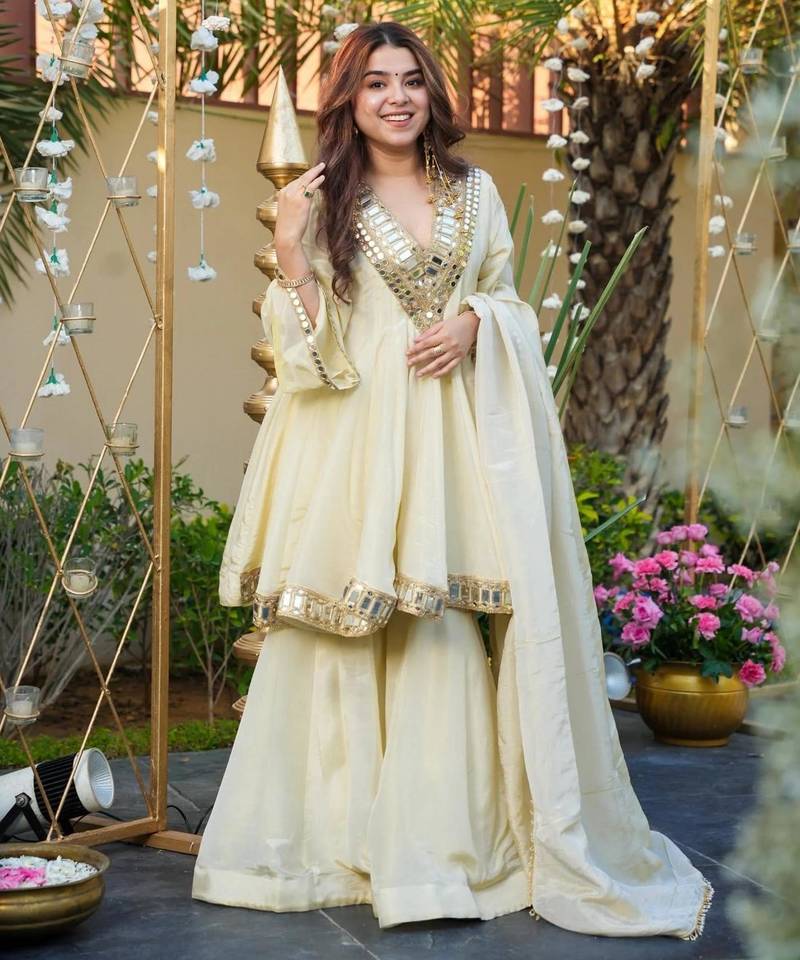 Designer cream chinnon sharara suit set with heavy mirror work for women