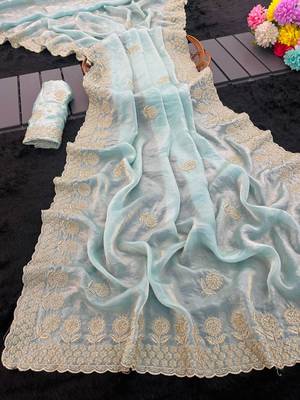 Sky blue satin embroidered saree with sequins work 2