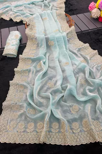 Sky blue satin embroidered saree with sequins work