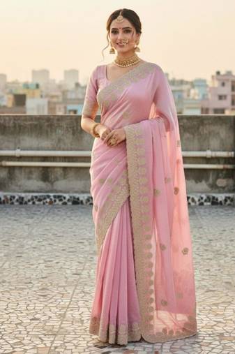 Baby pink satin embroidered saree with sequins work
