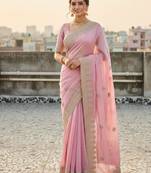 Baby pink satin embroidered saree with sequins work