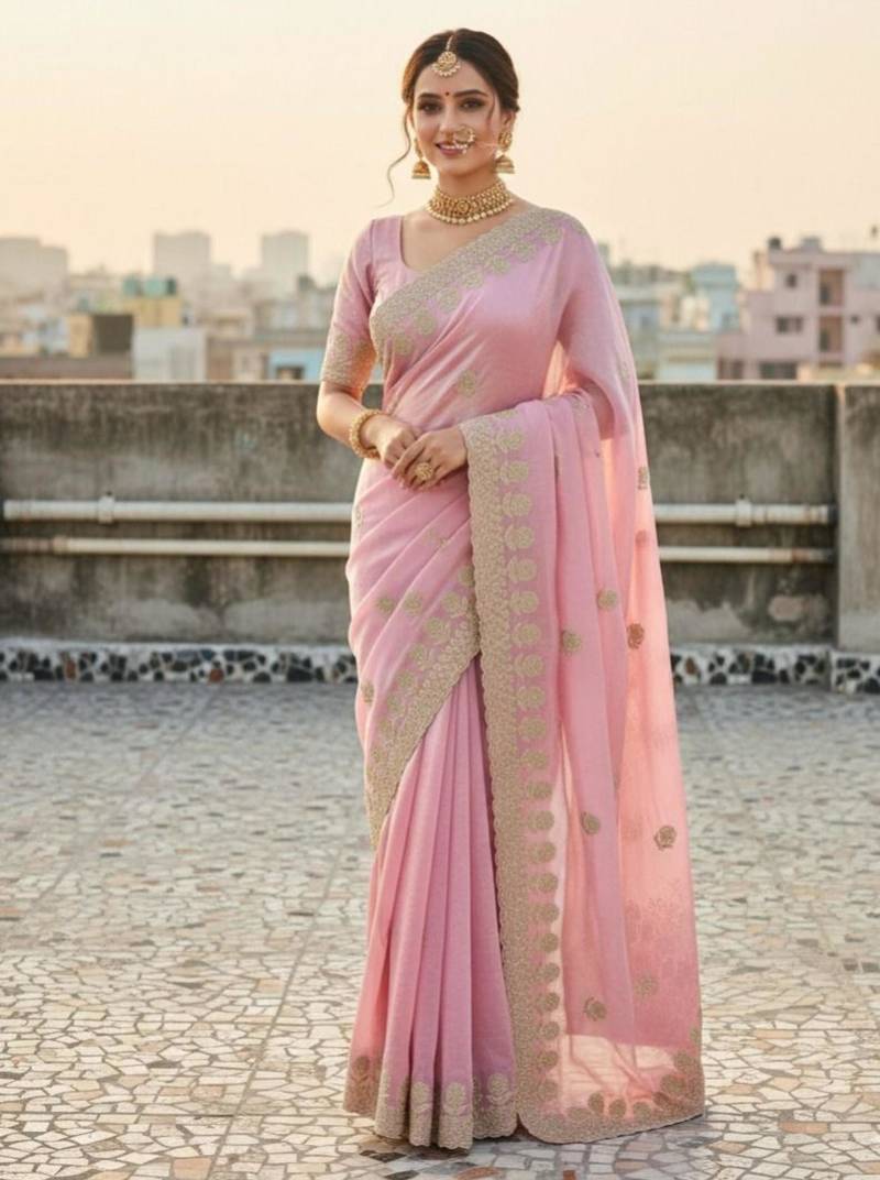 Baby pink satin embroidered saree with sequins work