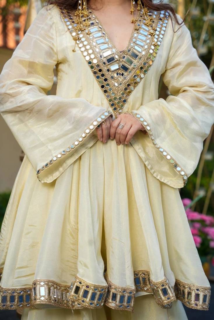 Designer cream chinnon sharara suit set with heavy mirror work for women